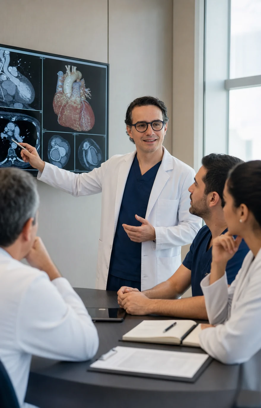 Equipe multidisciplinar (heart team) em discussão de caso